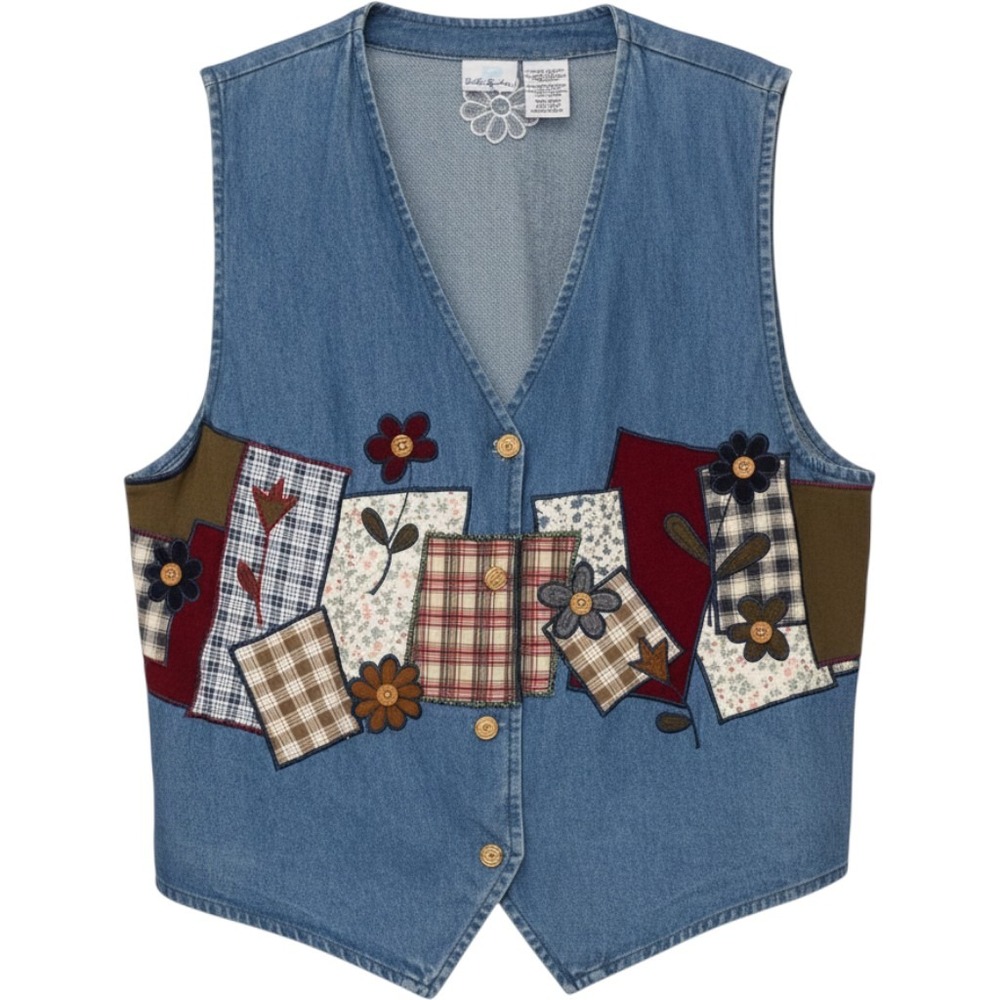 Vintage Bobbie Brooks Denim Patchwork Floral Vest Blue Plaid Boho 90s XL